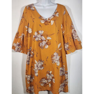 Women's Belongsci Mustard Floral V-Neck SS, Boho Revival, Grandma Core, Dress S